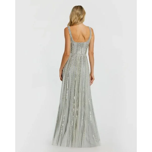 Mac Duggal Green Scoop Neck A-Line Gown With Striped Beading $698 - Size 2 - Picture 7 of 10